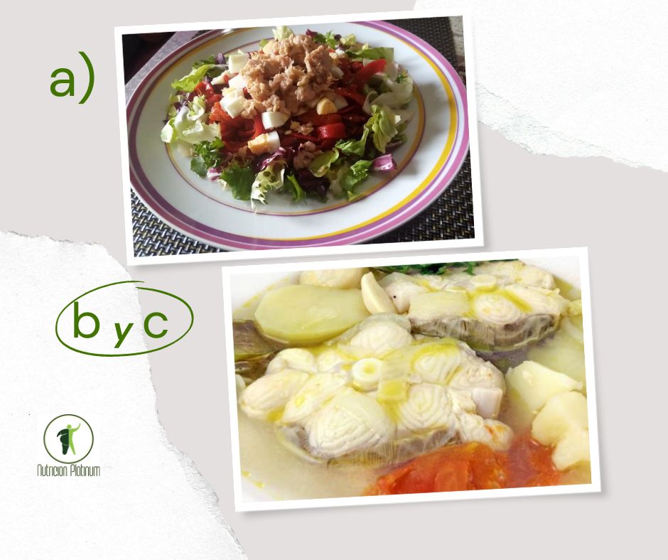 Ensalada de pimientos asados atún y huevo con pescado en caldo blanco